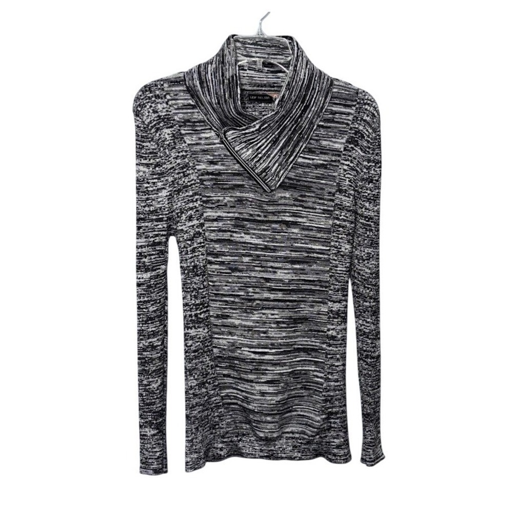 Leif Nelson Sweater Mens Large Black White Knit Cowl Neck Zip Pullover Slim Chic